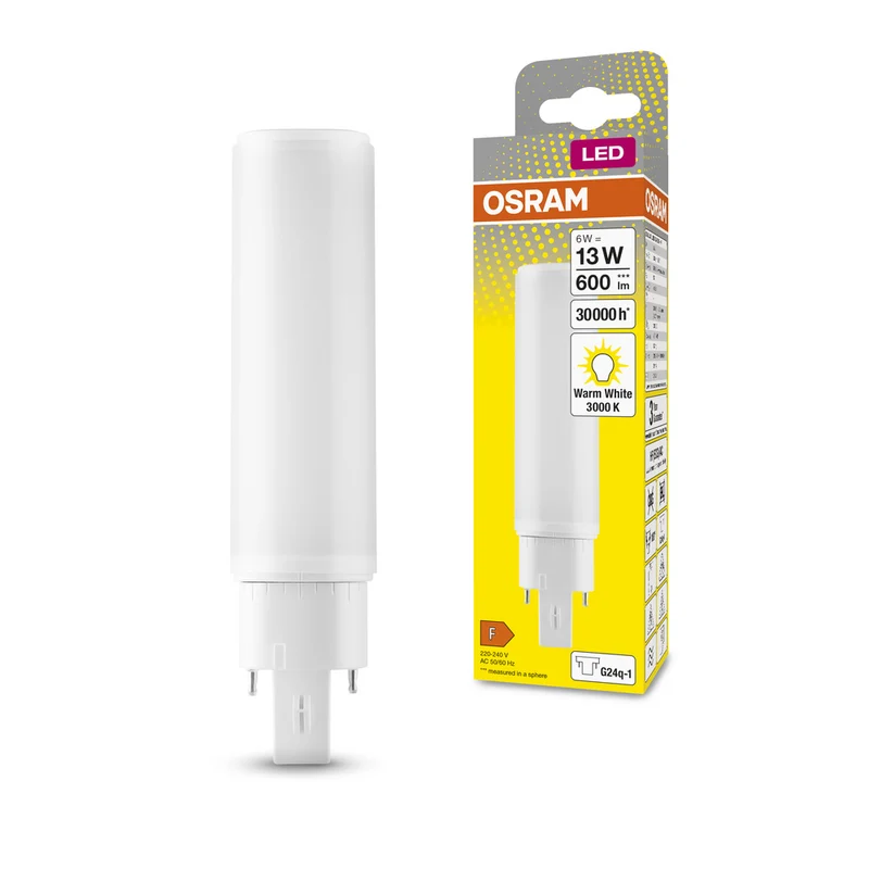 Lámpara LED OSRAM DULUX LED D/E HF y CA 6W 830 G24Q-1, 600 lm, 3000 K, blanco cálido