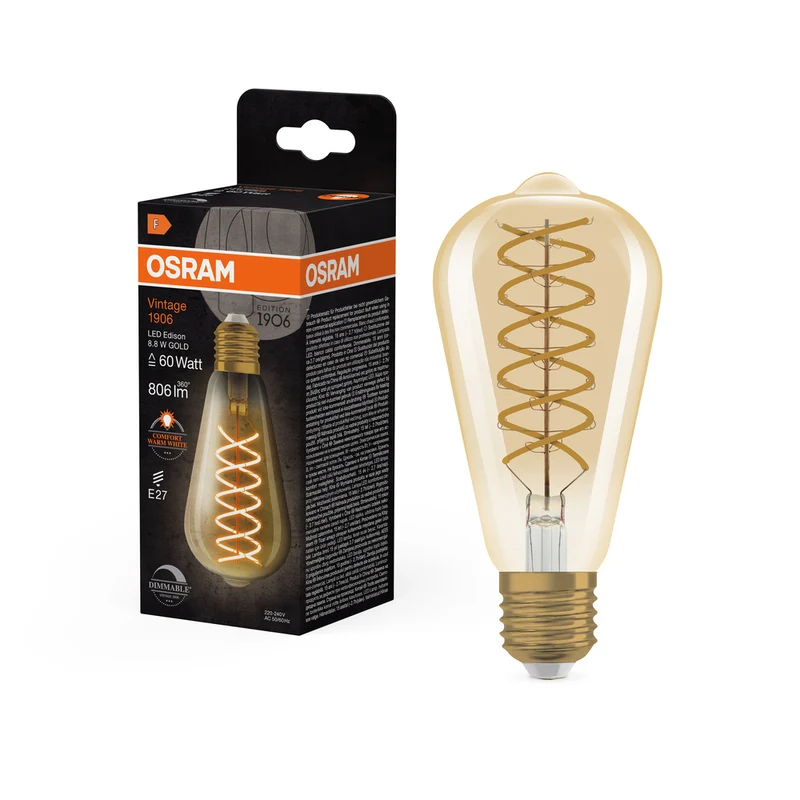 Lámpara LED OSRAM VINTAGE 1906® LED CLASSIC EDISON DIM 8.8W 824 Oro E27, 806 lm, 2400 K, Blanco cálido confort