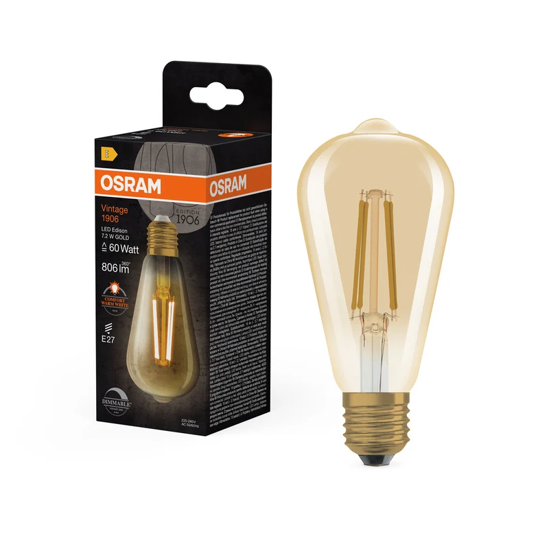 Lámpara LED OSRAM VINTAGE 1906® LED CLASSIC EDISON DIM 7,2W 824 Oro E27, 806 lm, 2400 K, Blanco cálido confort