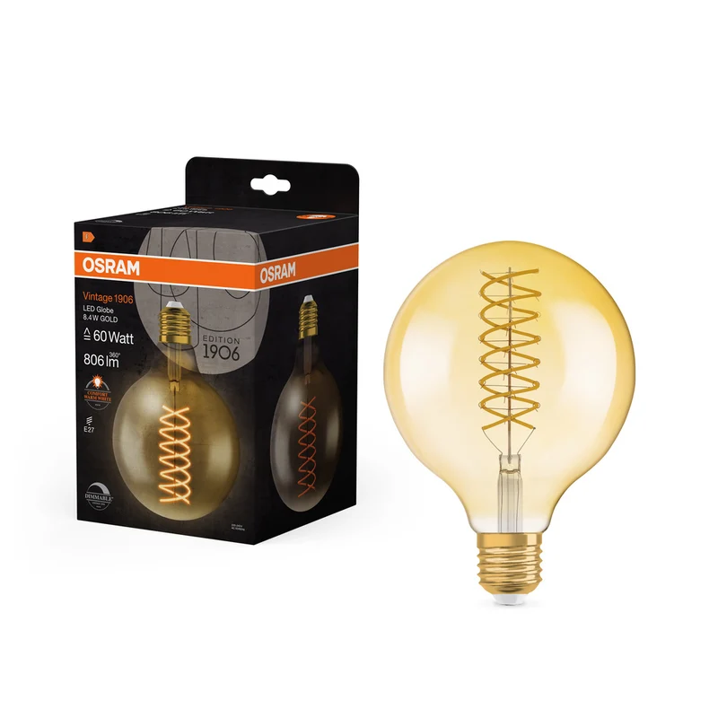Lámpara LED OSRAM VINTAGE 1906® LED CLASSIC Globo Regulable 8.8W 824 Oro E27, 806 lm, 2400 K, Blanco cálido confort
