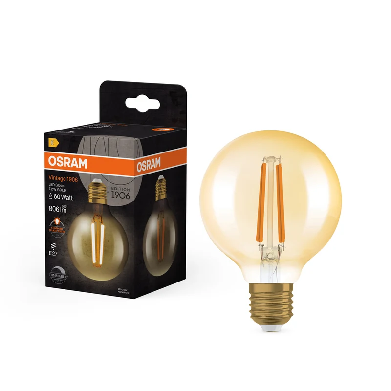 Lámpara LED OSRAM VINTAGE 1906® LED CLASSIC Globo Regulable 7,2W 824 Oro E27, 806 lm, 2400 K, Blanco cálido confort