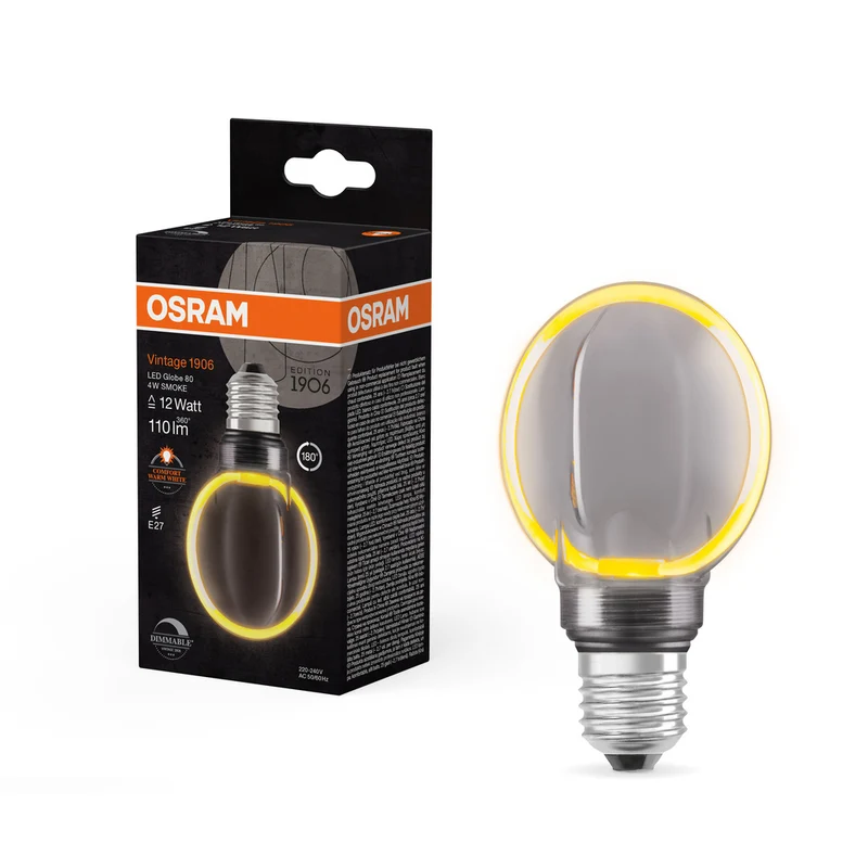 Lámpara LED OSRAM VINTAGE 1906® LED CLASSIC GLOBE80 O - Forma FILAMENTO 4W 818 Humo E27, 110 lm, 1800 K, Blanco cálido confort