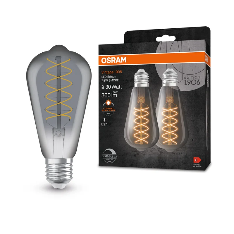 Lámpara LED OSRAM VINTAGE 1906® LED CLASSIC SLIM FILAMENTO EDISON REGULABLE 7,8W 818 Humo E27, 360 lm, 1800 K, Blanco cálido confort, paquete de 2