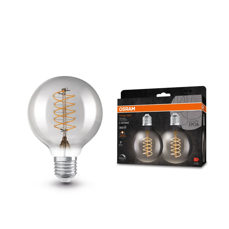 Lámpara LED OSRAM VINTAGE 1906® LED CLASSIC SLIM FILAMENT Globo REGULABLE 7.8W 818 Humo E27, 360 lm, 1800 K, Blanco cálido confort, paquete de 2
