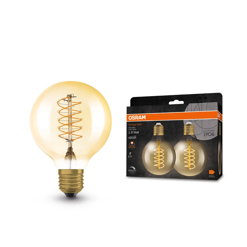 Lámpara LED OSRAM VINTAGE 1906® LED CLASSIC SLIM FILAMENT Globo REGULABLE 4.8W 822 Oro E27, 420 lm, 2200 K, Blanco cálido confort, paquete de 2