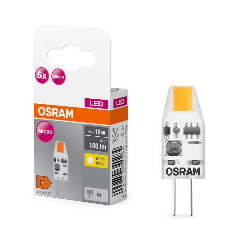 Lámpara LED OSRAM con base de clavija, blanco cálido, transparente, 12 V, 1 W, 27000 K, G4, paquete de 5