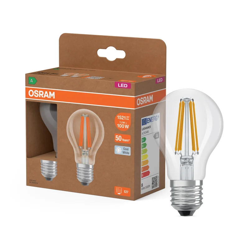 LÁMPARAS LED DE OSRAM, CLASE ENERGÉTICA A, EFICIENCIA ENERGÉTICA FILAMENTO CLÁSICO A en forma de A, lámpara LED, cristal sin plomo, transparente, 7,2 W, 1521 lm, blanco frío, clase de eficiencia energética: A, paquete de 2