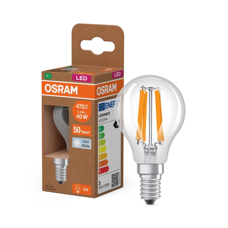 OSRAM LED CLASSIC P EFICIENCIA ENERGÉTICA A en forma de P, bombilla LED, cristal sin plomo, transparente, 2,2 W, (equivalente a 40 W), 470 lm, blanco frío, 4000 K, clase de eficiencia energética: A, CRI 80