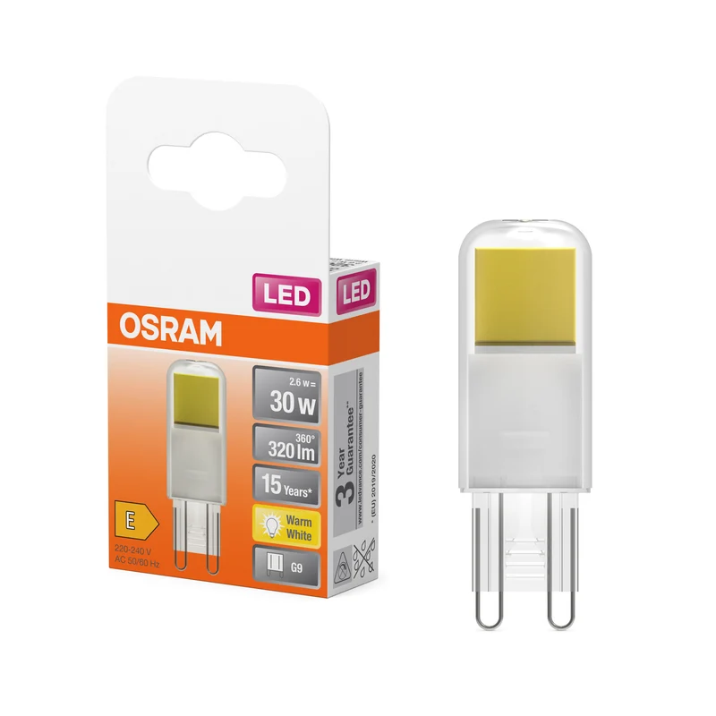 Lámpara LED OSRAM con base de pin PIN transparente, 2,6 W, 320 lm, G9, 17 mm, blanco cálido