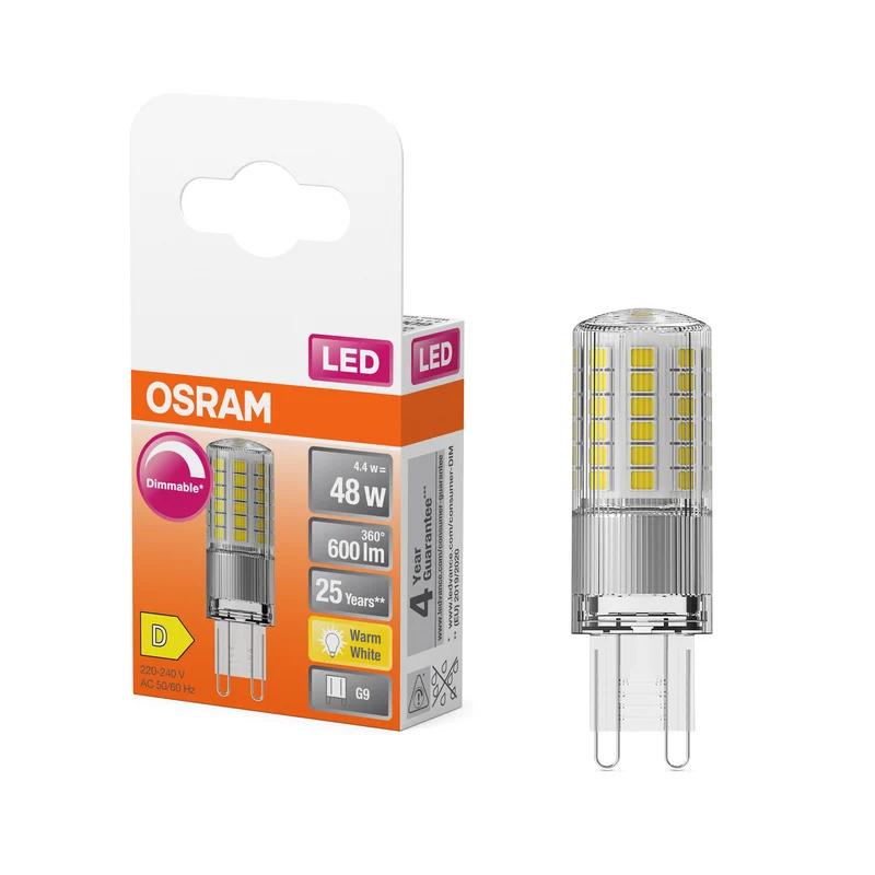 Lámpara LED OSRAM con base de pin PIN transparente, 4,4 W, 600 lm, G9, 18 mm, blanco cálido