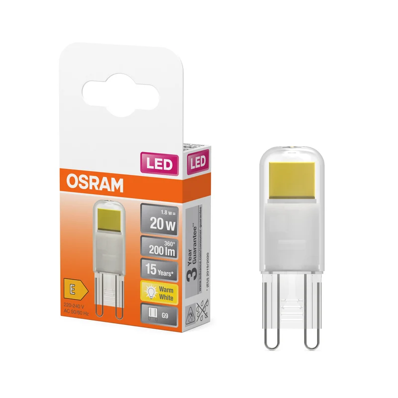 Lámpara LED OSRAM con base de pin PIN transparente, 1,8 W, 200 lm, G9, 15 mm, blanco cálido