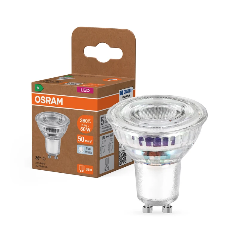 LÁMPARA LED OSRAM CON REFLEJADOR DE ALTO RENDIMIENTO ENERGÉTICO en formato PAR16, foco LED, cristal sin plomo, 2 W, (antes 50 W), 360 lm, blanco frío, 4000 K, Clase de eficiencia energética: A, CRI 80