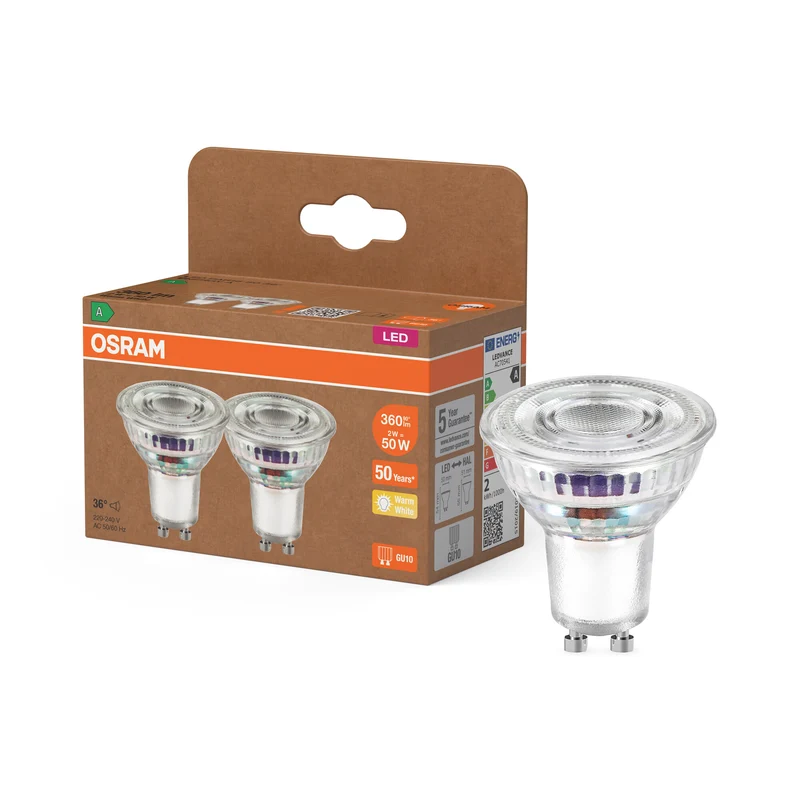 LÁMPARA LED OSRAM CON REFLEJADOR DE ALTO RENDIMIENTO ENERGÉTICO en formato PAR16, foco LED, cristal sin plomo, 2 W, (antes 50 W), 360 lm, blanco cálido, 2700 K, Clase de eficiencia energética: A, CRI 80, paquete de 2