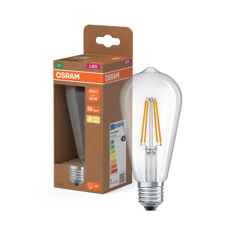 LÁMPARAS LED DE OSRAM, CLASE ENERGÉTICA A, EFICIENCIA ENERGÉTICA, FILAMENTO CLÁSICO EDISON con forma de Edison, lámpara LED, cristal sin plomo, 806 lm, blanco cálido, clase de eficiencia energética: A