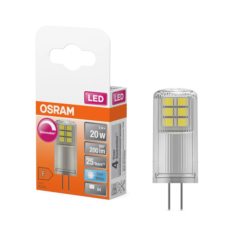 Lámpara LED OSRAM PIN 20, 320°, DIM, 2 W, 840, transparente, G4, blanco frío