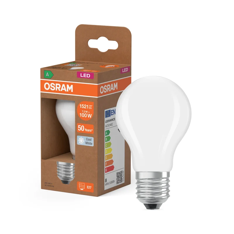 LÁMPARAS LED DE OSRAM, CLASE ENERGÉTICA A, EFICIENCIA ENERGÉTICA FILAMENTO CLÁSICO A en forma de A, lámpara LED, cristal sin plomo, mate, 7,2 W, 1521 lm, blanco frío, clase de eficiencia energética: A