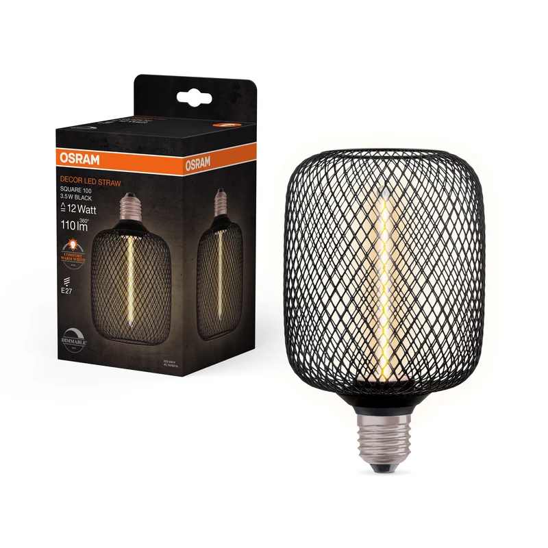 Lámpara LED de filamento de paja OSRAM DECOR cuadrada, negra, 3,5 W, 110 lm, blanco cálido confort, E27