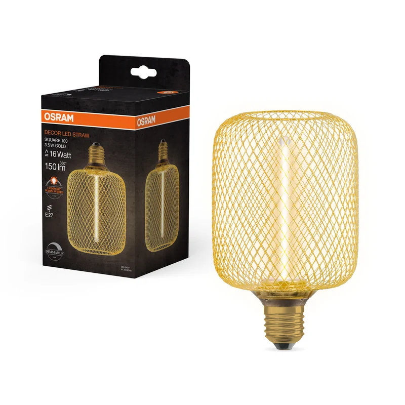 Lámpara LED de filamento de paja OSRAM DECOR cuadrada, dorada, 3,5 W, 150 lm, blanco cálido confort, E27