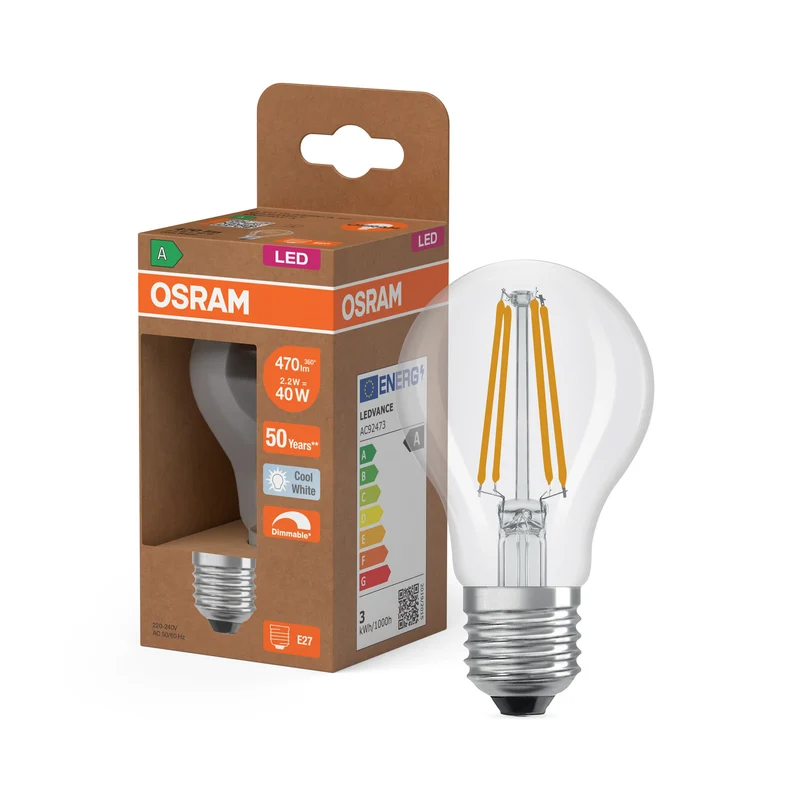 OSRAM LED CLASSIC A ENERGY EFFICIENCY A DIM con forma de A, bombilla LED, cristal sin plomo, mate, 2,2 W, (equivalente a 40 W), 470 lm, blanco frío, 4000 K, regulable, clase de eficiencia energética: A