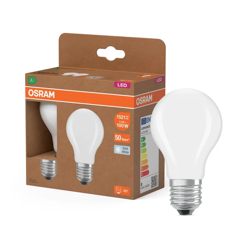 LÁMPARAS LED DE OSRAM, CLASE ENERGÉTICA A, EFICIENCIA ENERGÉTICA FILAMENTO CLÁSICO A en forma de A, lámpara LED, cristal sin plomo, mate, 7,2 W, 1521 lm, blanco frío, clase de eficiencia energética: A, paquete de 2