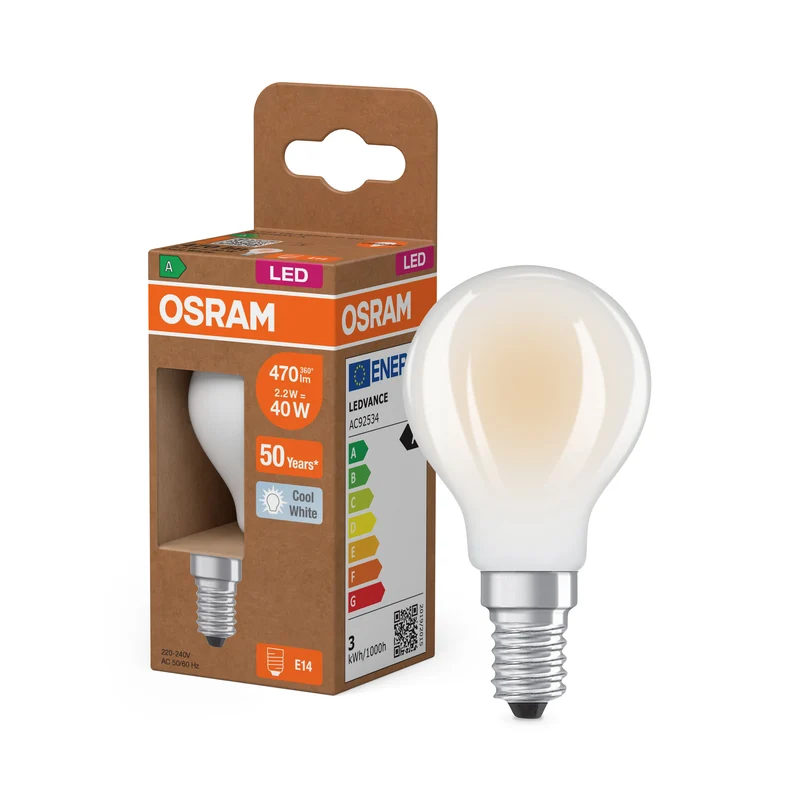 OSRAM LED CLASSIC P, eficiencia energética A, forma en P, lámpara LED, cristal sin plomo, mate, 2,2 W, (antes 40 W), 470 lm, blanco frío, 4000 K, clase de eficiencia energética: A, CRI 80