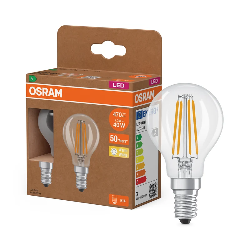 OSRAM LED CLASSIC P EFICIENCIA ENERGÉTICA A en forma de P, bombilla LED, cristal sin plomo, transparente, 2,2 W, (equivalente a 40 W), 470 lm, blanco cálido, 2700 K, clase de eficiencia energética: A, CRI 80, paquete de 2