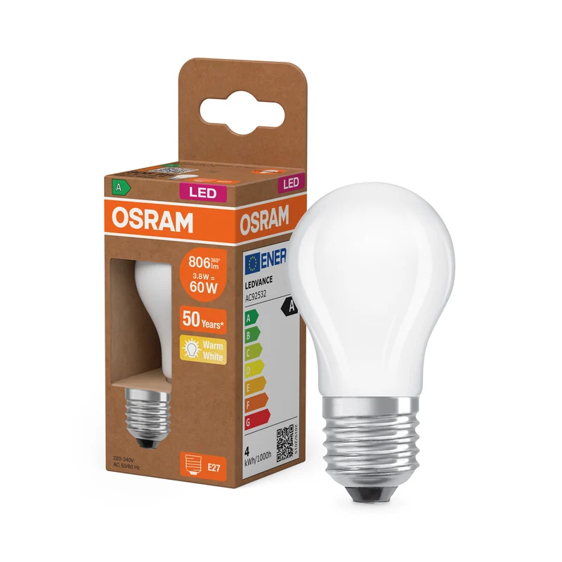 OSRAM LED CLASSIC P, eficiencia energética A, forma P, bombilla LED, cristal sin plomo, mate, 3,8 W, (equivalente a 60 W), 806 lm, blanco cálido, 2700 K, clase de eficiencia energética: A, CRI 80
