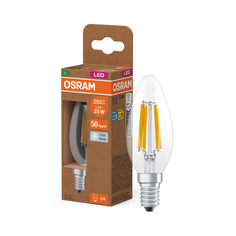 OSRAM LED CLASSIC B, EFICIENCIA ENERGÉTICA A, bombilla LED, cristal sin plomo, transparente, 1,2 W, (antes 25 W), 255 lm, blanco frío, 4000 K, clase de eficiencia energética: A, CRI 80