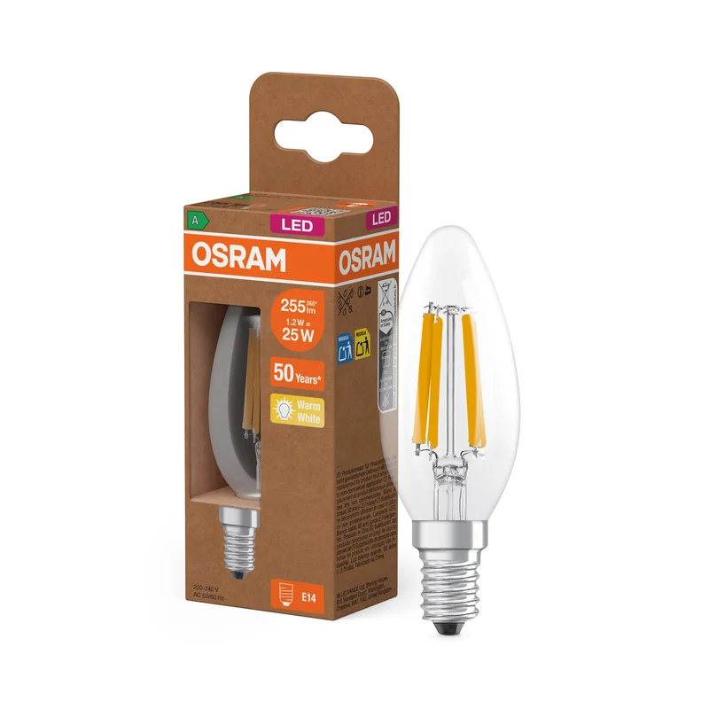 OSRAM LED CLASSIC B, EFICIENCIA ENERGÉTICA A, bombilla LED, cristal sin plomo, transparente, 1,2 W, (equivalente a 25 W), 255 lm, blanco cálido, 2700 K, clase de eficiencia energética: A, CRI 80
