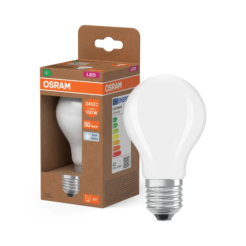 LÁMPARAS LED DE OSRAM, CLASE ENERGÉTICA A, EFICIENCIA ENERGÉTICA FILAMENTO CLÁSICO A, lámpara LED, cristal sin plomo, mate, 11,6 W, (equivalente a 150 W), 2452 lm, blanco frío, clase de eficiencia energética: A