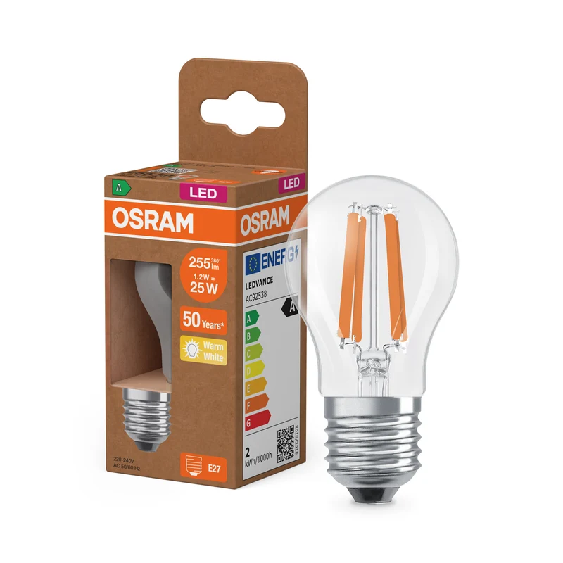OSRAM LED CLASSIC P EFICIENCIA ENERGÉTICA A, bombilla LED, cristal sin plomo, transparente, 1,2 W, (equivalente a 25 W), 255 lm, blanco cálido, 2700 K, clase de eficiencia energética: A, CRI 80