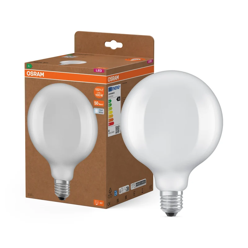 LÁMPARAS LED DE OSRAM, CLASE ENERGÉTICA A, EFICIENCIA ENERGÉTICA, FILAMENTO CLÁSICO Globe , lámpara LED, cristal sin plomo, mate, 7,2 W, 1521 lm, blanco frío, clase de eficiencia energética: A