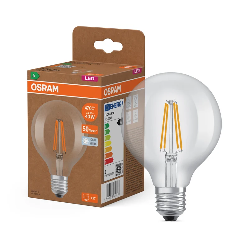 LÁMPARAS LED DE OSRAM, CLASE ENERGÉTICA A, EFICIENCIA ENERGÉTICA, FILAMENTO CLÁSICO Globe, lámpara LED, cristal sin plomo, transparente, 2,2 W, (antes 40 W), 470 lm, blanco frío, clase de eficiencia energética: A