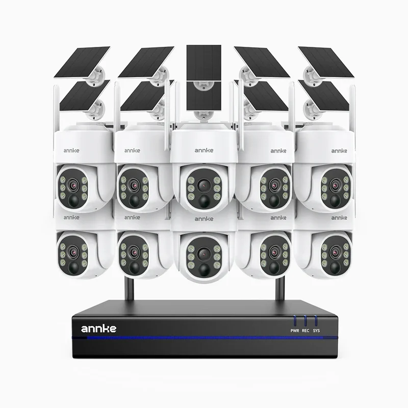 WBS400 - Kit de 10 cámaras de vigilancia inalámbrico de 4MP con videograbador NVR de 16 canales, WiFi de Doble Banda, Giro 270° e Inclinación 90°, Batería de 9000mAh y Energía Solar, Detección de Movimiento, Audio Bidireccional