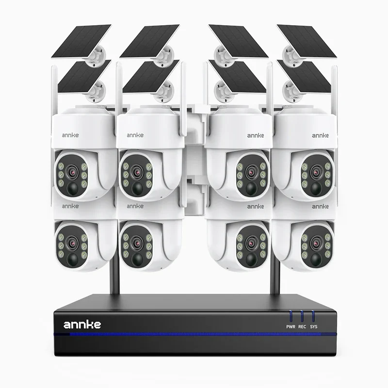 WBS400 - Kit de 8 cámaras de vigilancia inalámbrico de 4MP con videograbador NVR de 8 canales, WiFi de Doble Banda, Giro 270° e Inclinación 90°, Batería de 9000mAh y Energía Solar, Detección de Movimiento, Audio Bidireccional