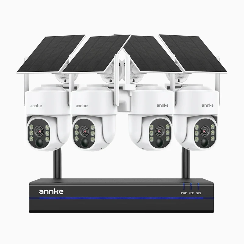 WBS400 - Kit de 4 cámaras de vigilancia inalámbrico de 4MP con videograbador NVR de 8 canales, WiFi de Doble Banda, Giro 270° e Inclinación 90°, Batería de 9000mAh y Energía Solar, Detección de Movimiento, Audio Bidireccional