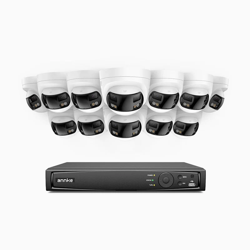 FDH800 - Kit de 12 cámaras de vigilancia PoE de 4K con videograbador NVR de 16 canales, panorámica doble lente, visión nocturna inteligente con doble luz, audio bidireccional, sirena y alarma activas, detección de personas y vehículos, IP67