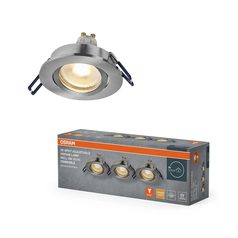 Foco empotrable LED OSRAM Spot Recess GU10 regulable, giratorio, 6 W, níquel satinado, 68 mm de diámetro.