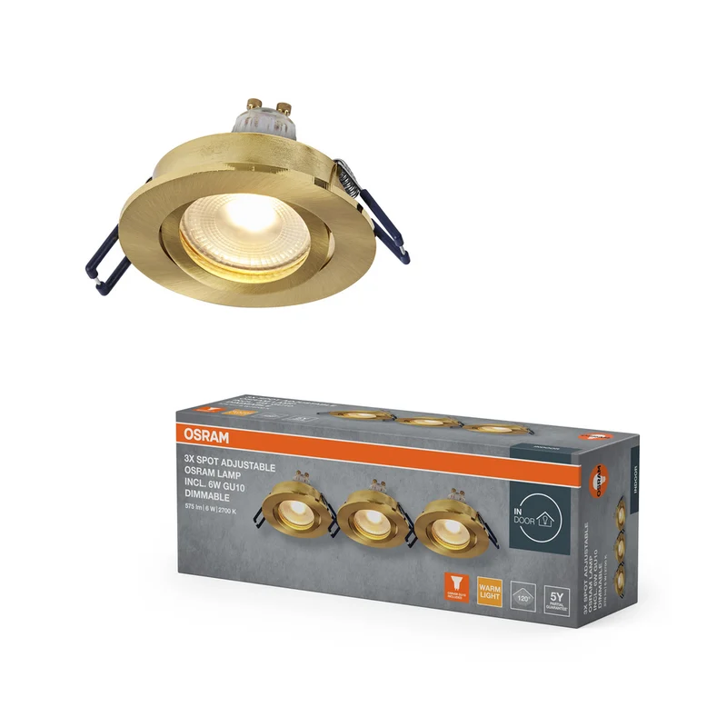 Foco empotrable LED OSRAM Spot Recess GU10 regulable, giratorio, 6 W, dorado satinado, 68 mm de diámetro.