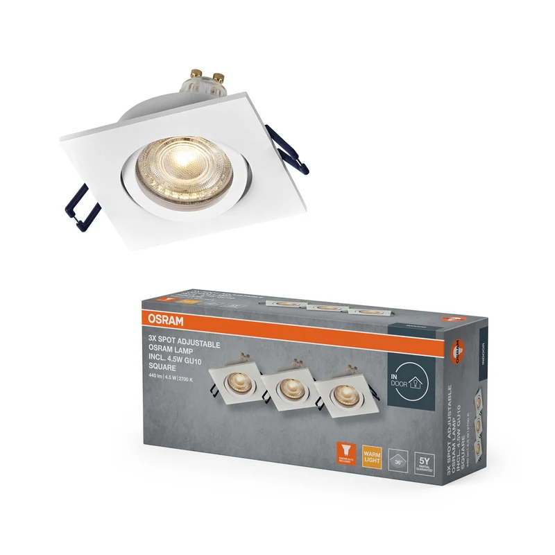 Foco empotrable LED OSRAM Spot Recess GU10 giratorio cuadrado Click 4,5 W 827 blanco ⌀68 mm