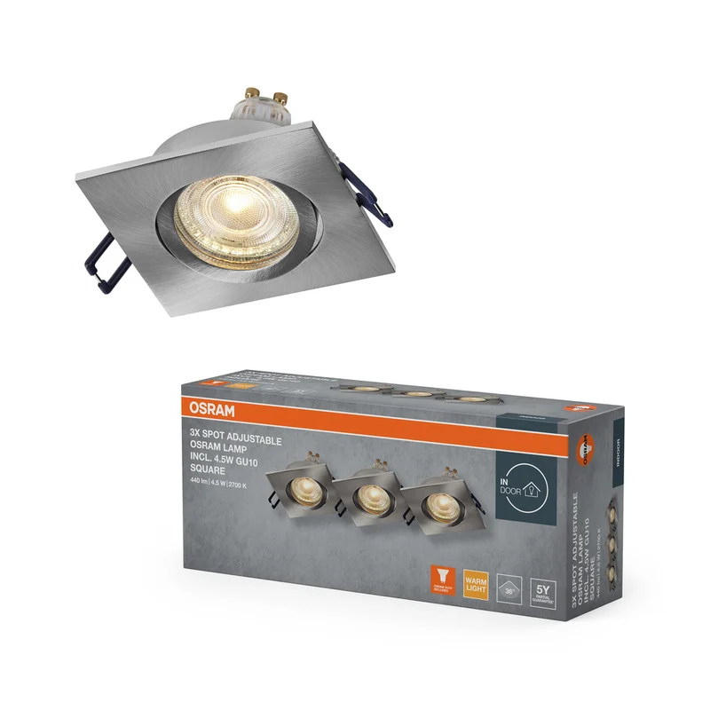 Foco empotrable LED OSRAM Spot Recess GU10 giratorio cuadrado Click 4,5 W 827 Níquel satinado ⌀68 mm