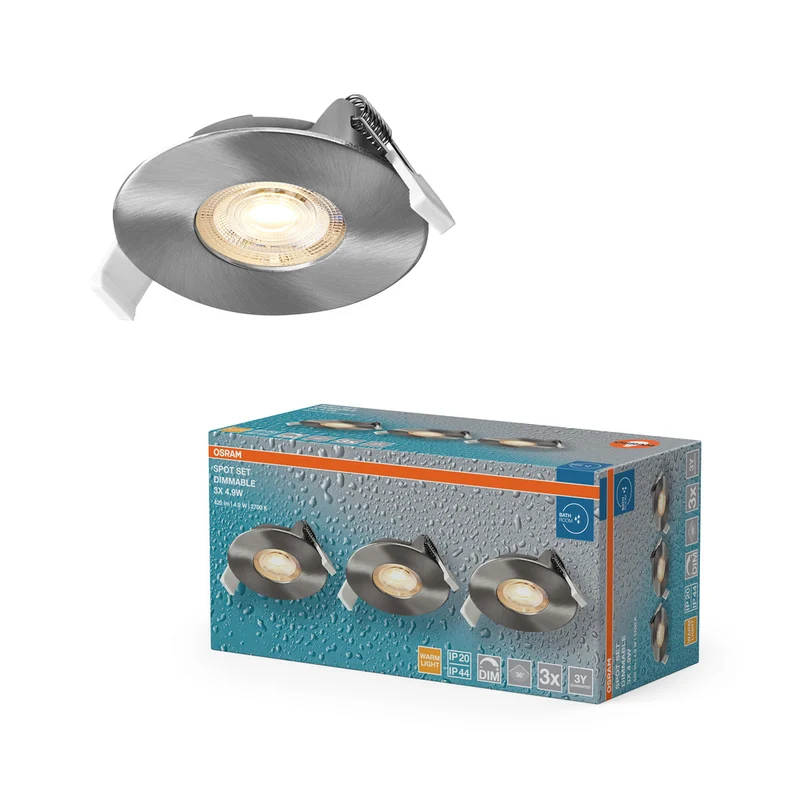 Foco empotrable LED OSRAM para baño, IP44, 4,9 W, 36°, níquel satinado, 68 mm de diámetro.