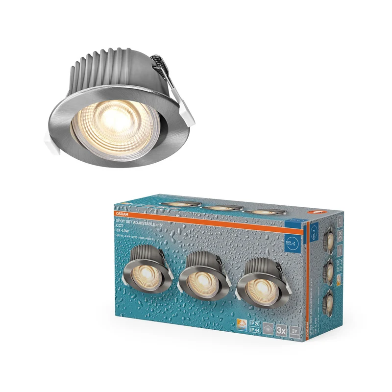 Foco empotrable LED OSRAM para baño, CCT IP44, giratorio, 4,9 W, 36°, níquel satinado, 68 mm de diámetro.