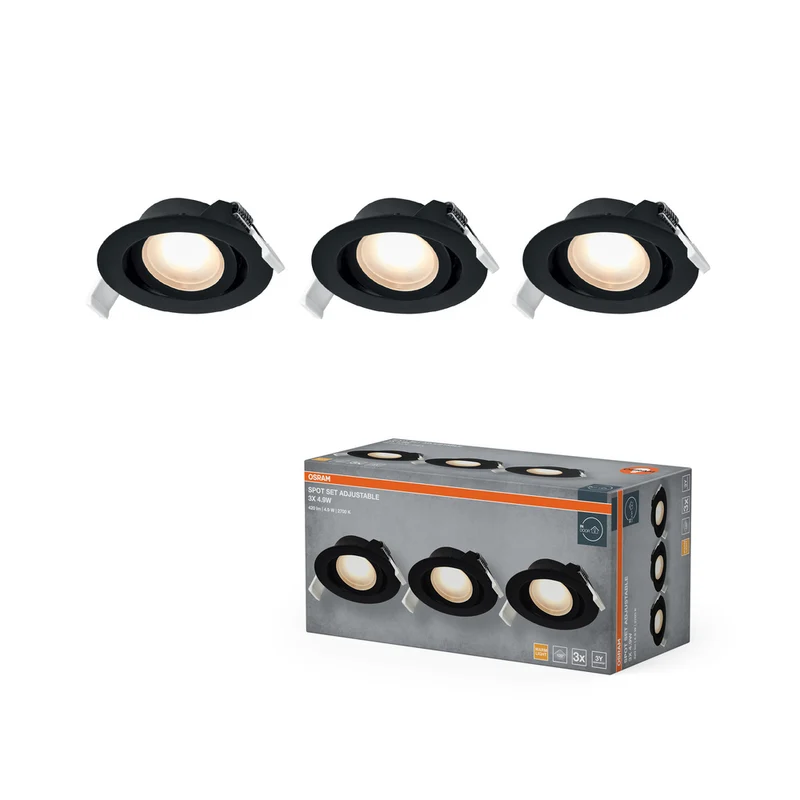Juego de focos empotrables OSRAM LED Spot Recess, orientables, 4,9 W, 120°, negro, Ø 75 mm
