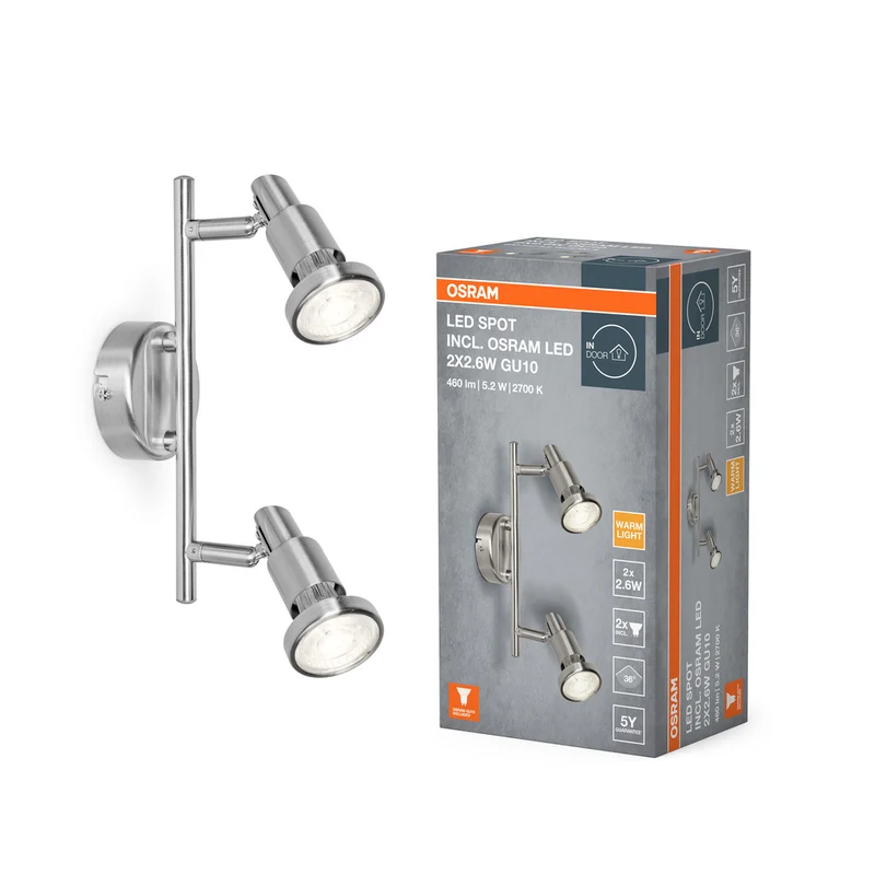 Foco LED OSRAM PLATA CEPILLADA GU10 2 x 2,6 W, 460 lm, 2700 K, blanco cálido
