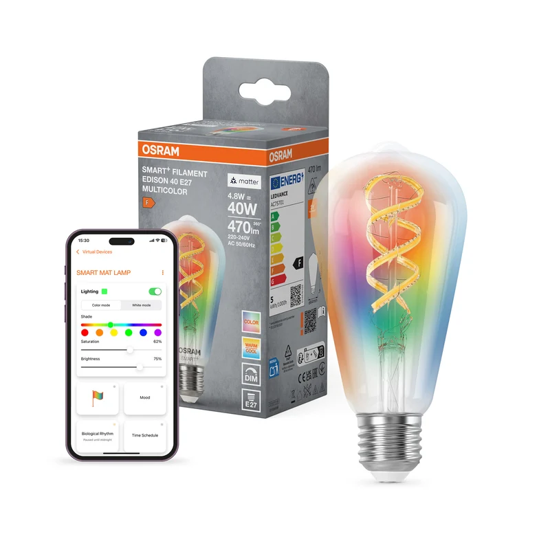 OSRAM SMART+ MATTER Filament Classic formas multicolor estilo Edison, bombilla LED, cristal transparente, 4,8 W, 470 lm, RGBW, Wi-Fi, compatible con altavoces inteligentes, regulable