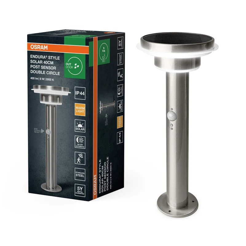 Lámpara de pared exterior LED solar OSRAM ENDURA Style de acero inoxidable, con sensor de movimiento y de luz, 3 modos, IP44, diseño elegante para terraza y jardín