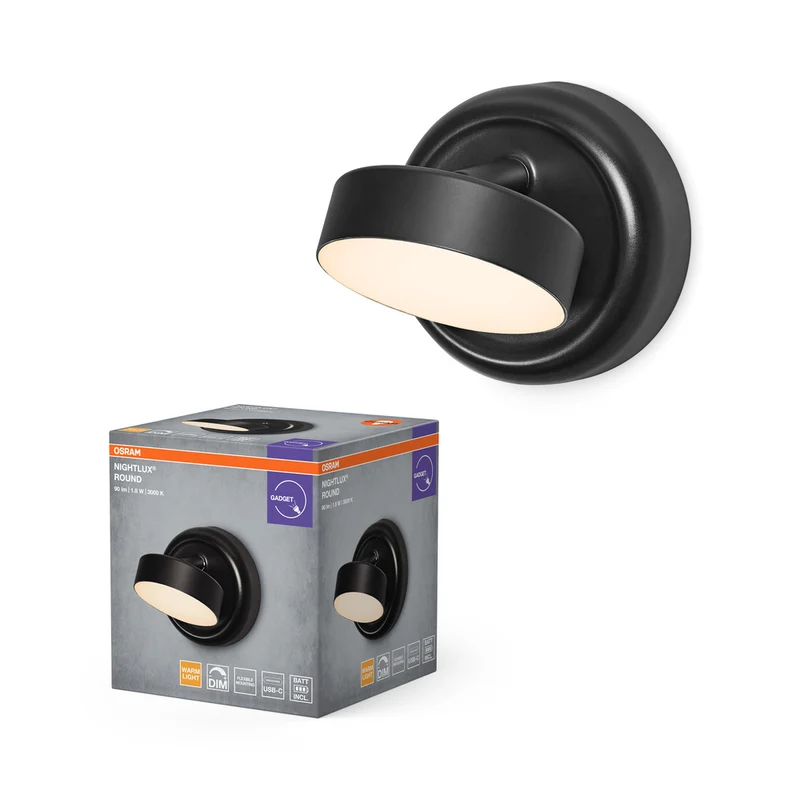 OSRAM NIGHTLUX ROUND Lámpara USB recargable y regulable, color negro