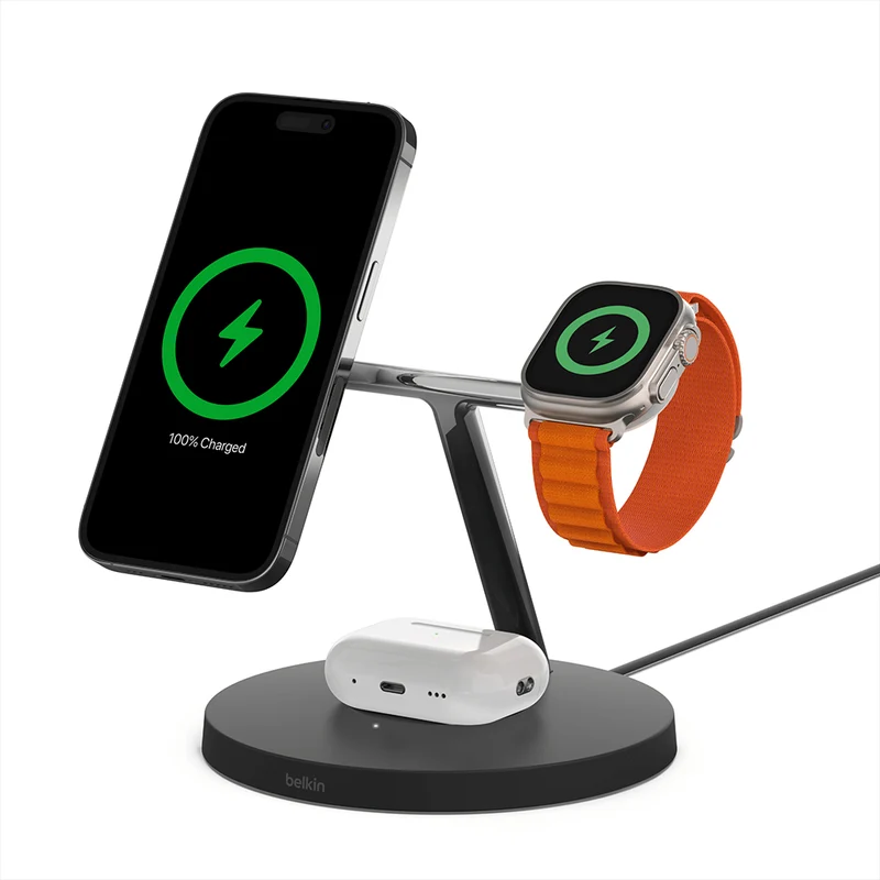 Cargador inalámbrico 3 en 1 de 15 W con tecnología MagSafe oficial BoostCharge Pro de Belkin - Negro