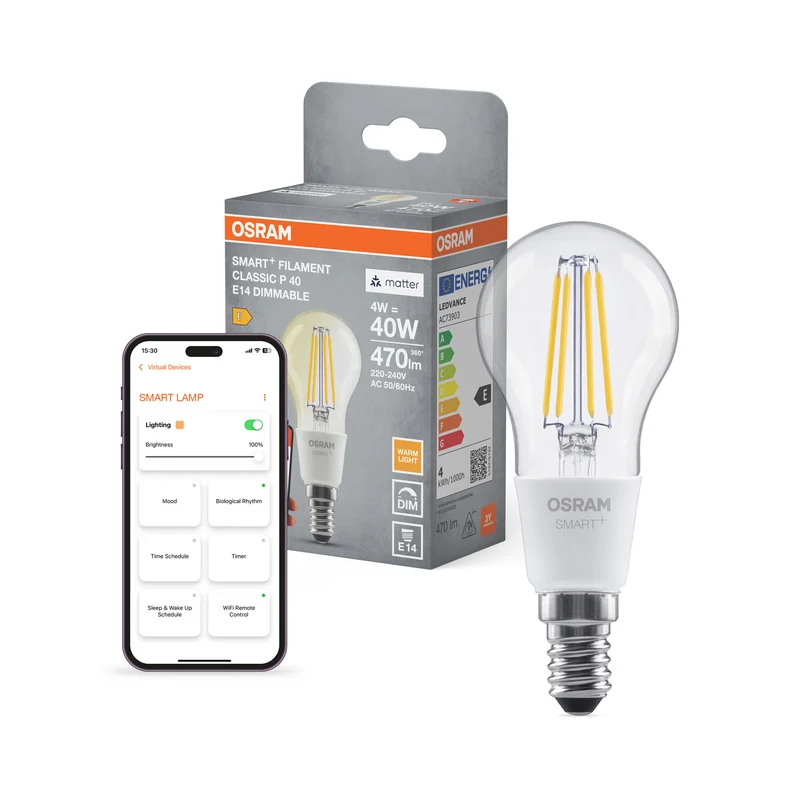 OSRAM SMART+ MATTER Filament Classic formas Regulable en forma de P, bombilla LED, cristal sin plomo, transparente, 4 W, 470 lm, blanco cálido, 2700 K, Matter, compatible con altavoces inteligentes, regulable